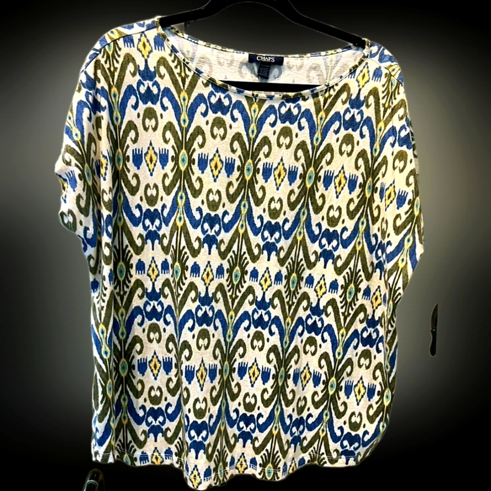 Chaps Blue and Yellow Relaxed Blouse with Short Sleeves
